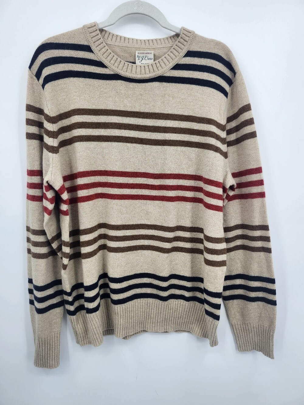 J. Crew Mens Sweater Rugged Merino Wool Blend Tan Stripe Crew Size L